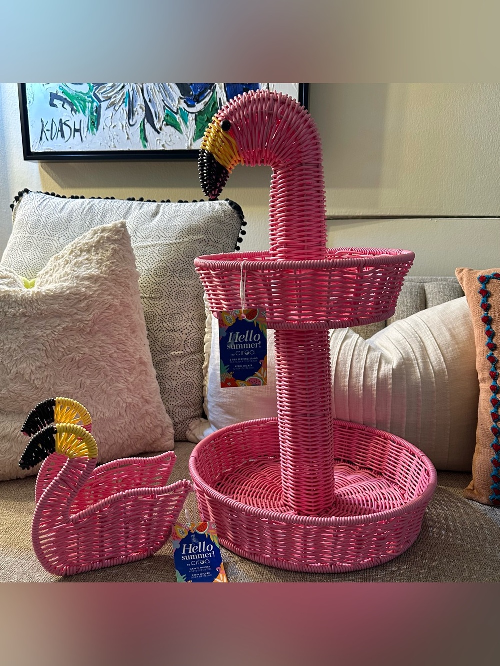 hello summer by cireo pink flamingo resin wicker produce stand w napkin holder